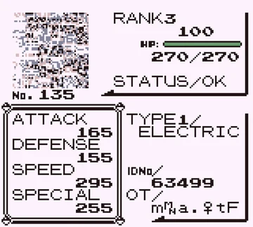 In-game stat screen of the Jolteon glitch hybrid, No. 135