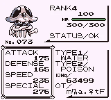 In-game stat screen of the Tentacruel glitch hybrid, No. 073